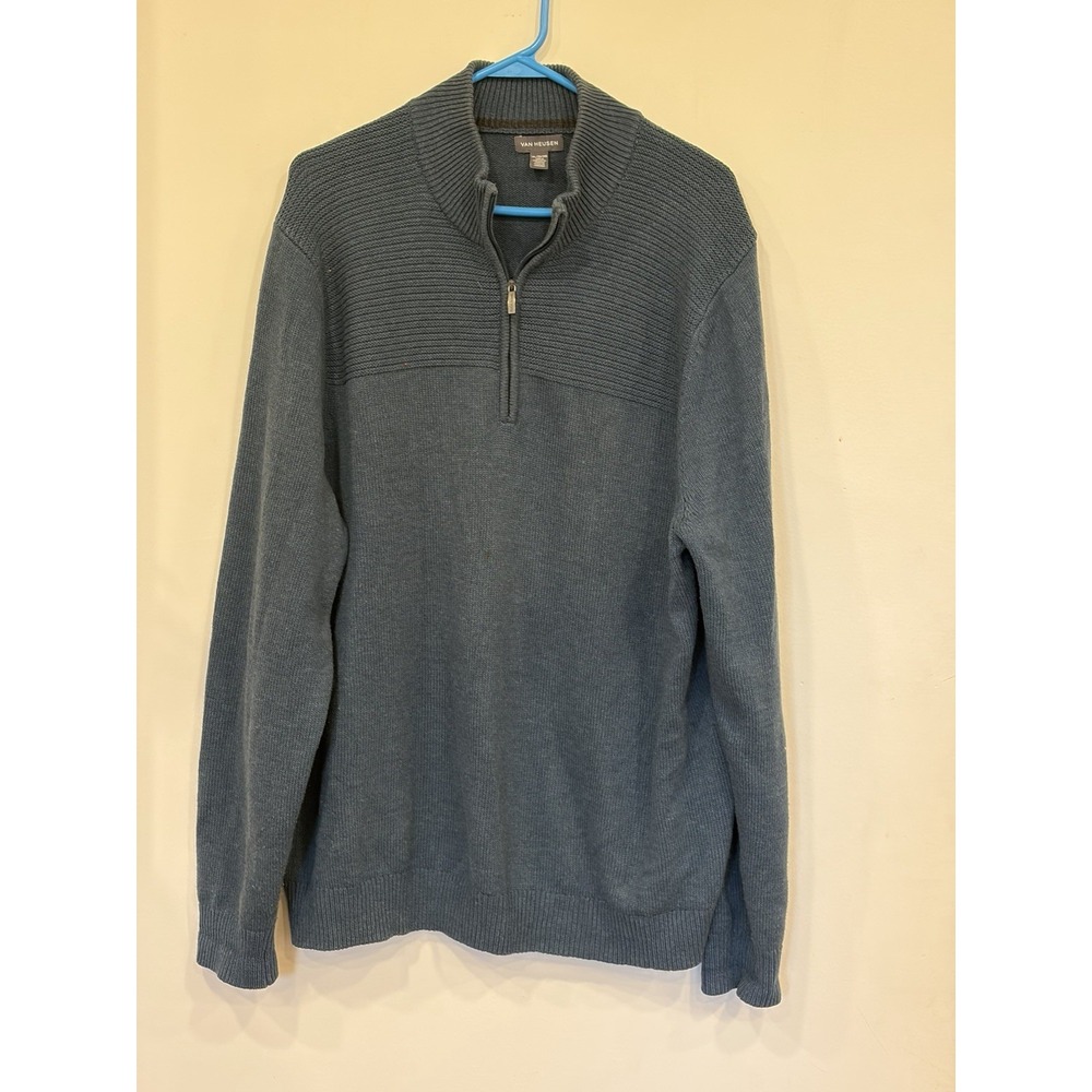 Mens XL Quarter Zip Sweater Blue Gray Knit Mock Neck Pullover Heritage Autumn